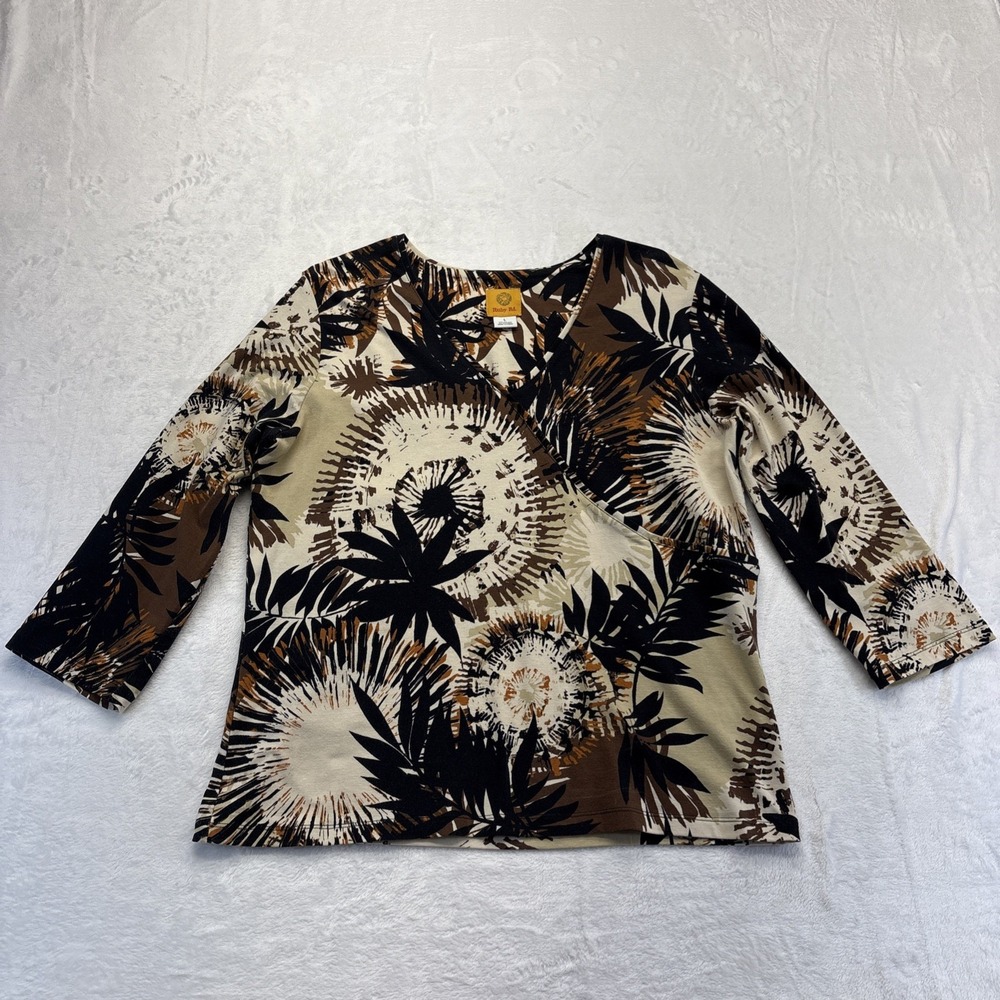 Ruby Rd Top Women's Large Brown Floral 3/4 Sleeve Tunic